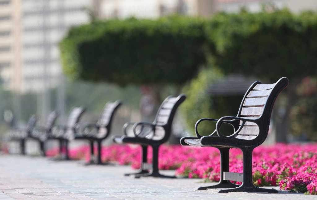 Row of wooden slatted benches outside office building